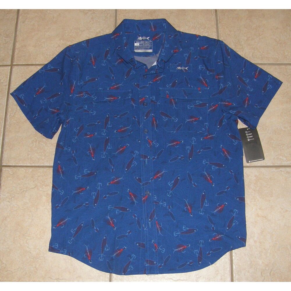 SILVER BAIT Mens Sz Medium Blue Button Up Vented Fishing Lures Shirt NEW NWT